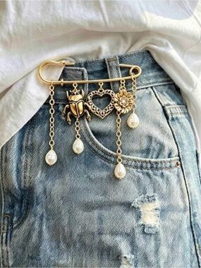 Gold Pearl Charm Safety Pin Brooch - Women Jewelry